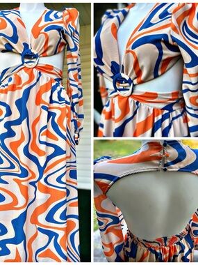 SHEIN Cream Maxi Dress with Blue & Orange Swirl Print